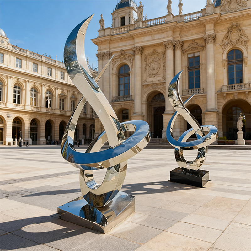 Kék és ezüst áramvonalas fémszobor