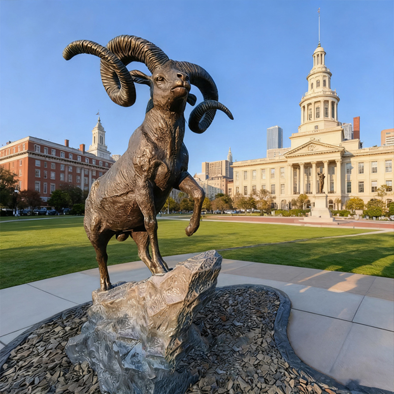 Bronz nagy szarv kos szobor – kültéri kerti dekoráció